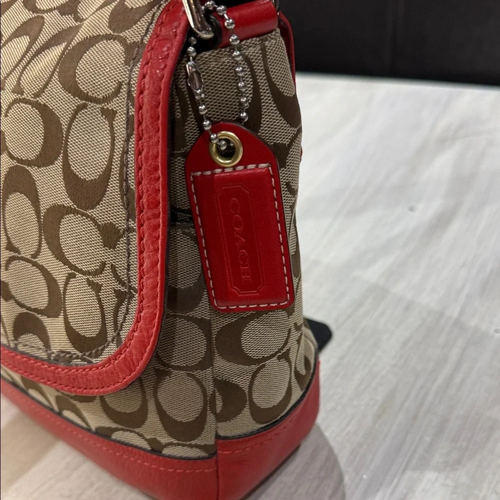 Coach Coral Red and Tan Signature Shoulder Bag